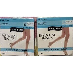 Vtg No Nonsense Essential Basics Knee Highs Reinforced Toe Off  Black Q Lot of 2